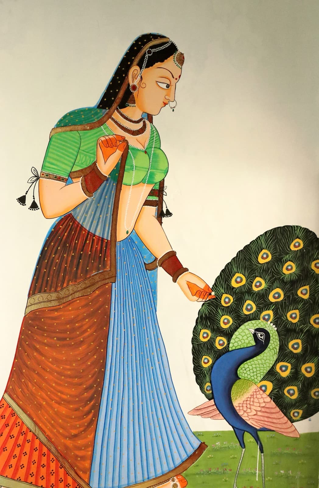 Hand-painted peacock mural in Lake View Room 302